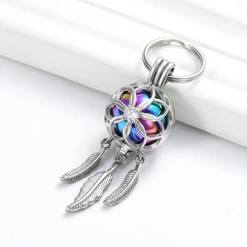 Keychains Wholesale Dream Catcher Memorial Urn Key Chain Hollow Lotus Flower Ashes Holder With Feather Cremation Jewelry