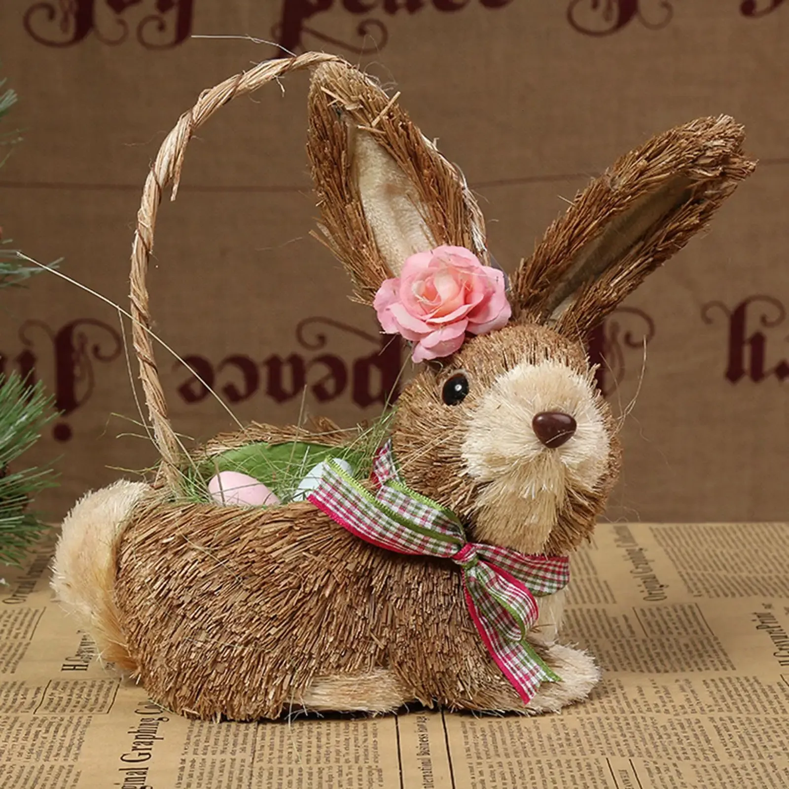 Straw Rabbit Decoration Filled Eggs Basket Easter Decor Ornament Bunny Figurine for Indoor Outdoor Spring 240116