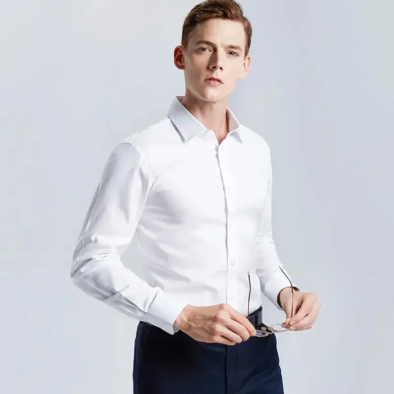 Mäns vit skjorta långsiktiga noniron Business Professional Work Collared Clothing Casual Suit Button Tops Plus Size S5XL 240115