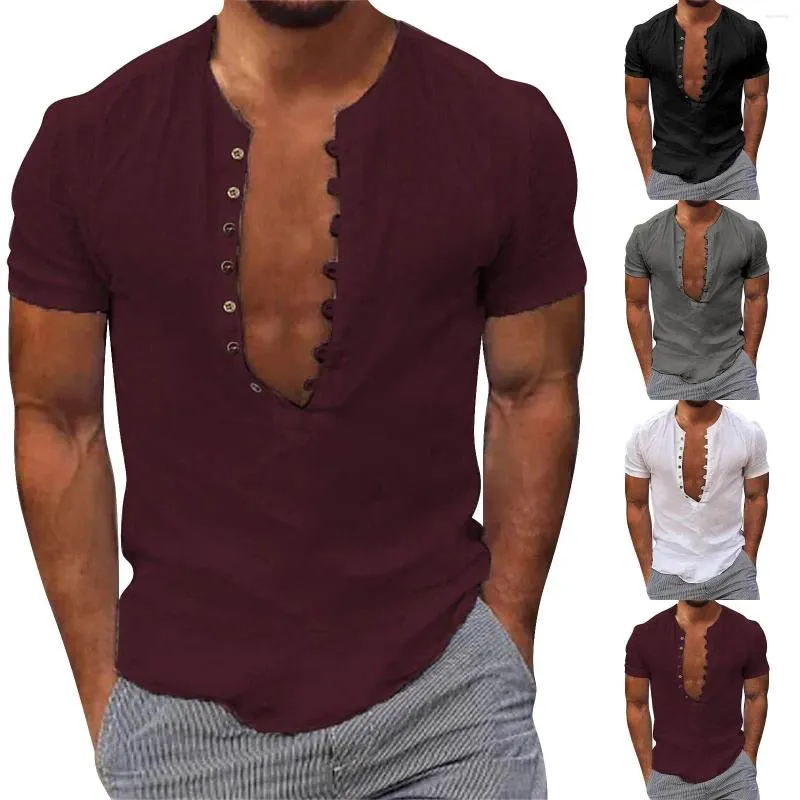 Camisas casuais masculinas camisa de linho com decote em v verão cor sólida retro ocidental homens soltos camiseta leve manga longa