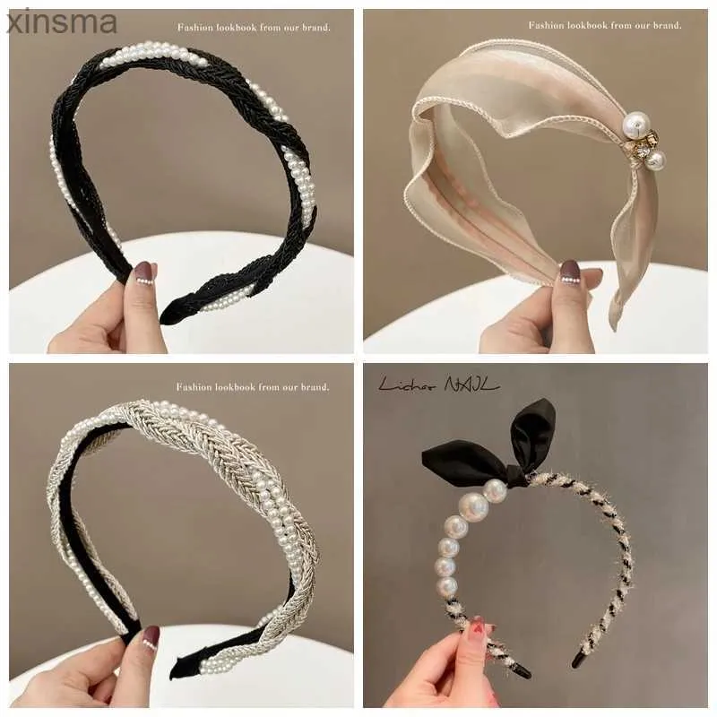 Headbands Coreano Orelha de Coelho Pérola Cabelo Hoop Elegante Mulheres Tecido Twist Bezel Faixas de Cabelo Moda Cor Sólida Headband Acessórios de Cabelo YQ240116