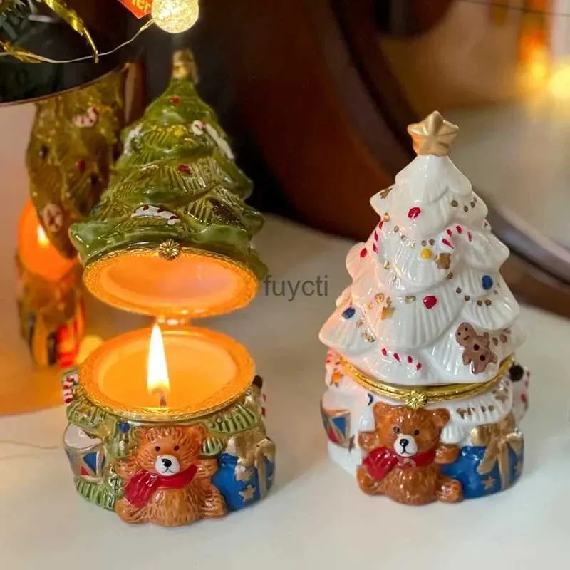 Ljushållare Bear Christmas Tree Creative inomhus Aromaterapi Ljusstake Ceramic Atmosphere Healing Holiday Gift YQ240116