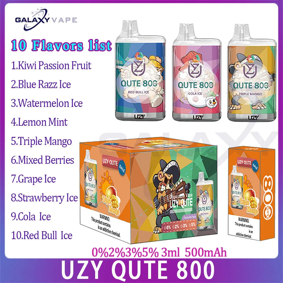 RETAIL UZY QUE 800 PULD DISPOSABLE VAPE 3ML Förfylld POD 500mAh Uppladdningsbar batteri Electronic Cigarette Puffs 800 0%2%3%5%Nivå 10 Flavor Puff Plus 800