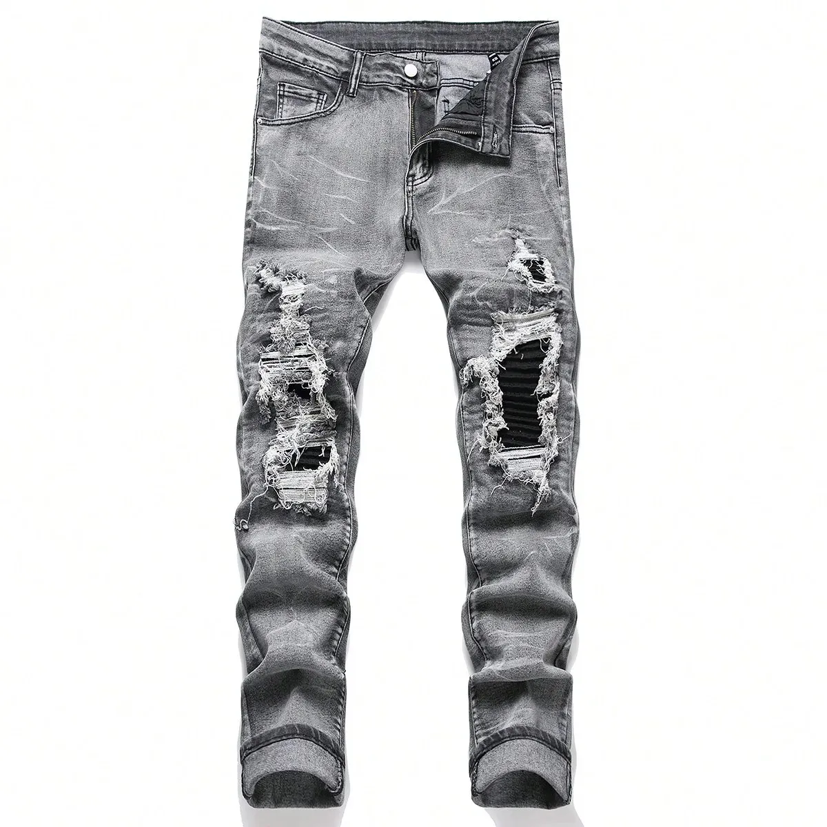 Jeans elásticos masculinos streetwear rasgando retalhos buracos rasgados denim cintura elástica calças casuais magro ajuste calças retas 240116