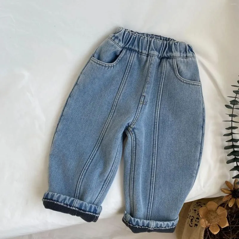 Pantalones de otoño e invierno para niños, Vaqueros Retro de felpa con cintura gruesa, pantalones vaqueros envueltos, pantalones de una pieza del Tesoro para hombres y mujeres