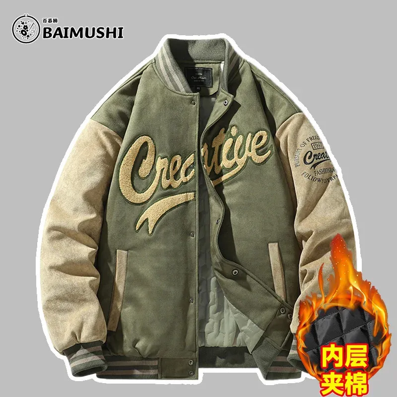 Baimushi Suede Baseball Uniform American Vintage Coat Autumn Winter Harajuku Letter Brodery Jacket Hip Hop kläder 240115