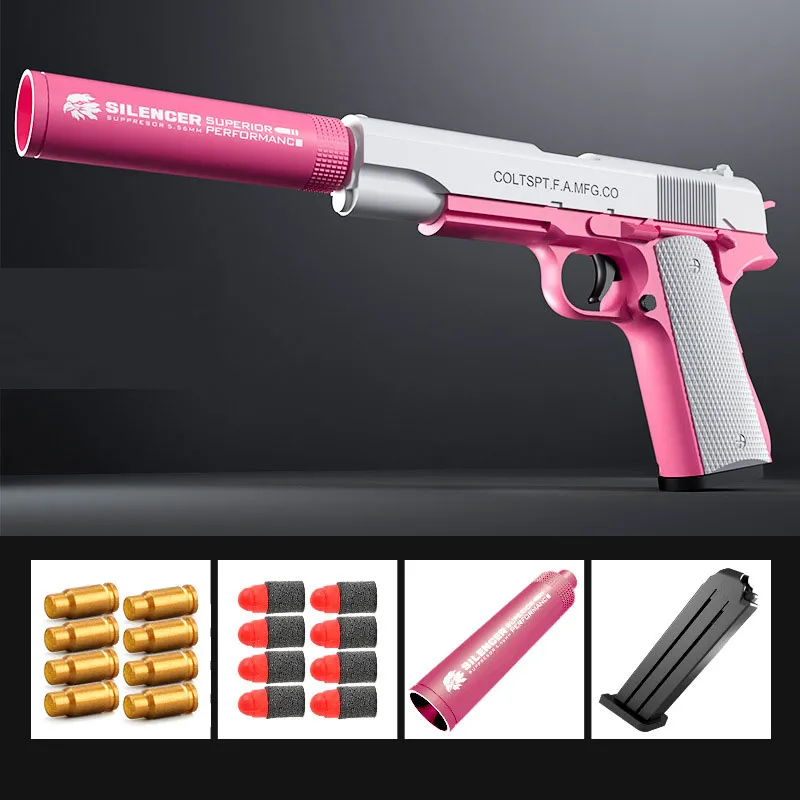 M1911 EVA Soft Bullet Schiuma Freccette Blaster Pistola giocattolo Pistola Tiro manuale Lanciatore rosa con silenziatore per bambini Bambini Ragazzi Regali di compleanno-C