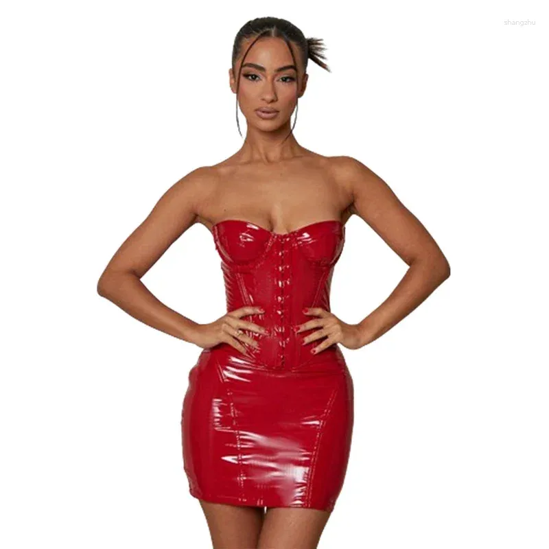 Casual Kleider Sexy Patent Leder Backless Wrap Hüfte Frauen Weg Von Der Schulter Ärmelloses Dünnes Kleid Schnalle Verschluss Halboffene Weibliche kleid