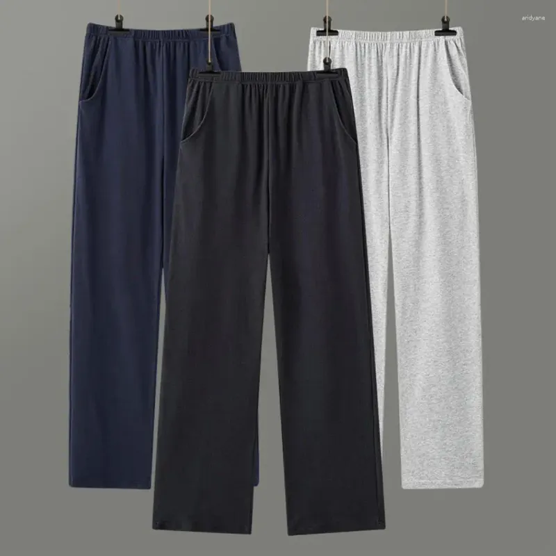 Men's Sleepwear Men Winter Pajama Pants Elastic Mid Waist Solid Color Sleep Bottoms Thin Pockets Wide Leg Straight Soft Homewear Long