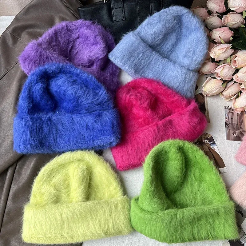 Fashion Rabbit Fur Y2k Beanies Women Soft Warm Fluffy Angola Winter Sticke Hat Female Plush Windproect Bonnet Skallies Cap 240115