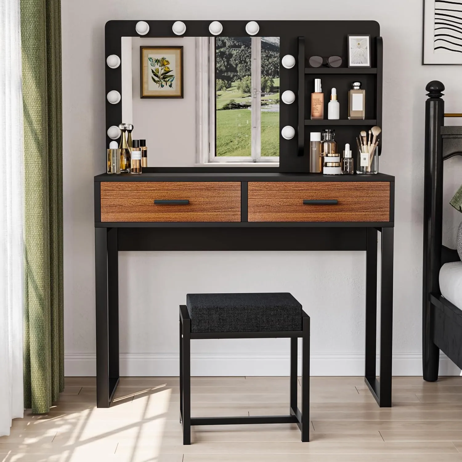 Vanity Desk with Mirror and 10 LED Lights, with 2 Big Drawers and Side Shelves for Storage, Girl's Dressing Table with Metal Frame, Corner Makeup Table with Chair