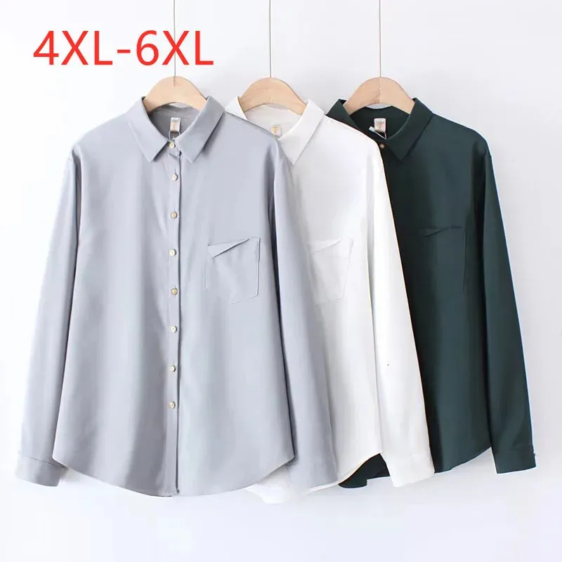 Ladies Spring Autumn Plus Size Tops för kvinnor Stor långärmad Löst vit grå Casual Pocket Shirt 3XL 4XL 5XL 6XL 240116