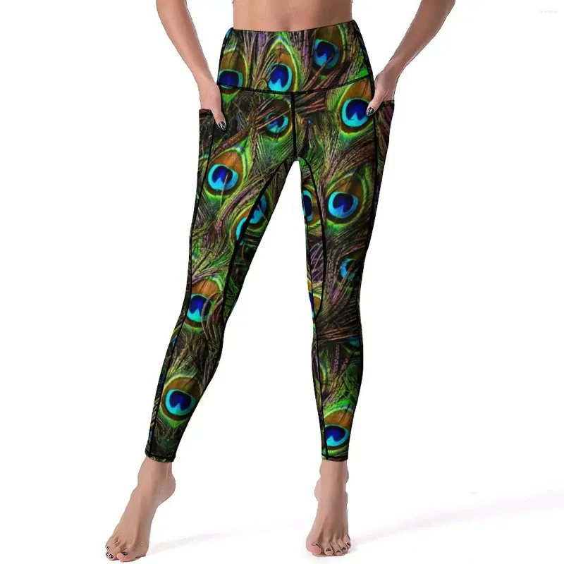 Kvinnors leggings påfågelfjädrar yoga byxor sexiga färgglada tryck anpassade push up fitness running leggins kvinnlig rolig stretch sport ben