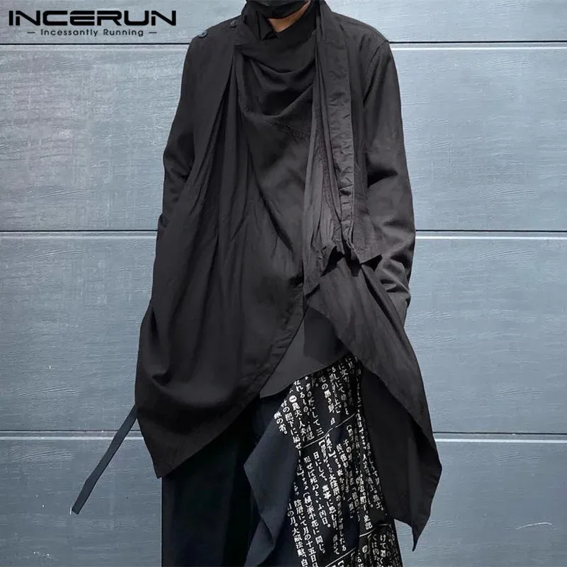 Inderun Men Trench solidny kolor Turtlneck długoterminowy streetwear nieregularny płaszcz ponchos mężczyzn punkowy moda swobodna płaszcza s-5xl 240116