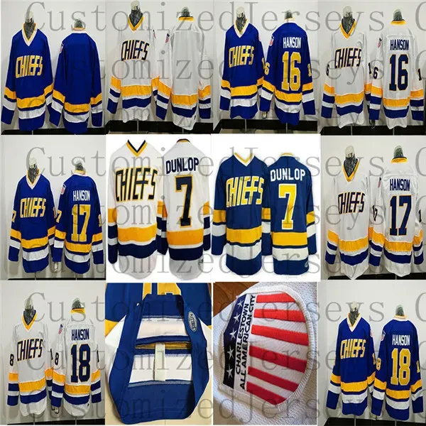 Movie Hanson Brothers Charlestown Chiefs #16 Jack Hanson #17 Steve #18 Jeff Hanson #7 Reggie DUNLOP Shot Hockey Jerseys