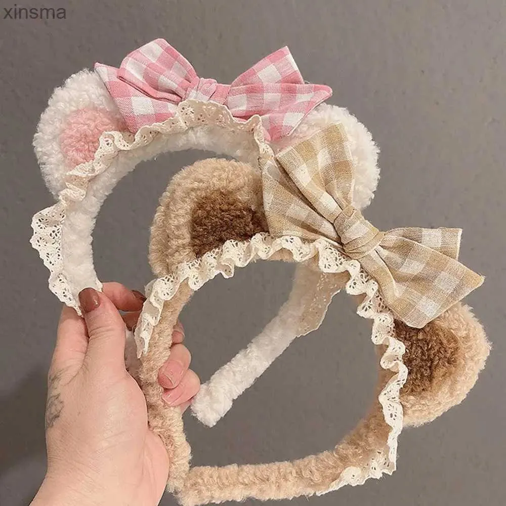 Headbands Fashion Hair Hoop Headdress Plaid Bow Make up Plush Cat Ears Women Accessories Lace Hair Band Korea Style Headband YQ240116