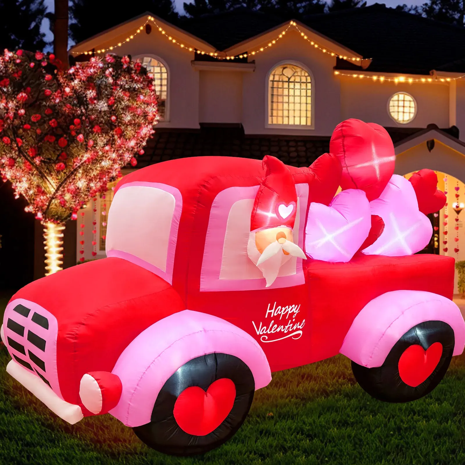 8FT Gonfiabili per San Valentino Decorazioni per esterni Lo gnomo adorabile guida un'auto con luci a LED integrate Blow Up Yard 240116