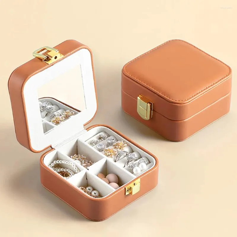 Pochettes à bijoux marron Mini boîte de voyage en cuir PU luxe collier organisateur sacs étanche boucles d'oreilles bague stockage vitrine femmes cadeau