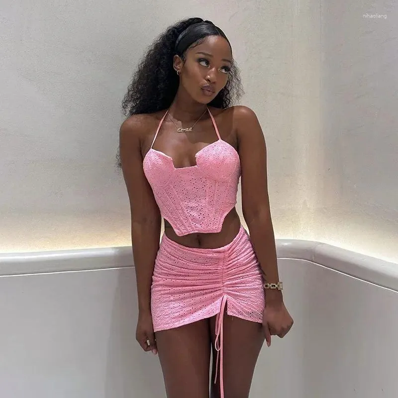 Work Dresses Sexy Summer Sweet 2 Piece Skirt Sets Crop Lace Tops Outfit 2024 Y2K Streetwear Fashion Mini Dress Chic Cute Two Set