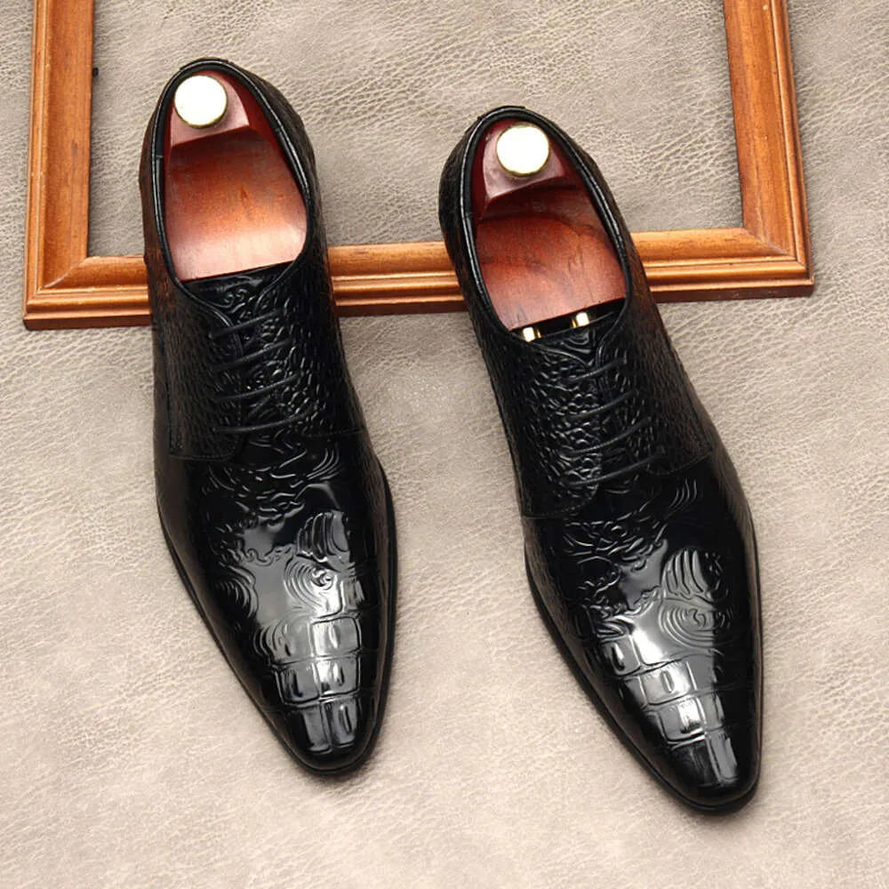 Robe rétro brevetée pour hommes, en cuir véritable, fait à la main, Style britannique, motif Crocodile, chaussures Oxfords de mariage