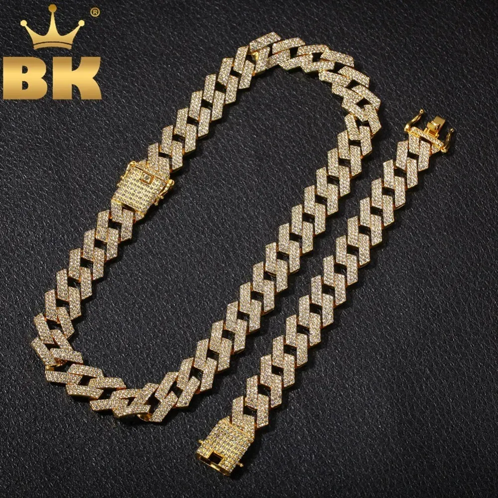 THE BLING KING 20mm Miami Prong chaîne cubaine NEBA 3 rangées complet strass glacés collier Bracelet hommes Hiphop ensemble de bijoux 240115