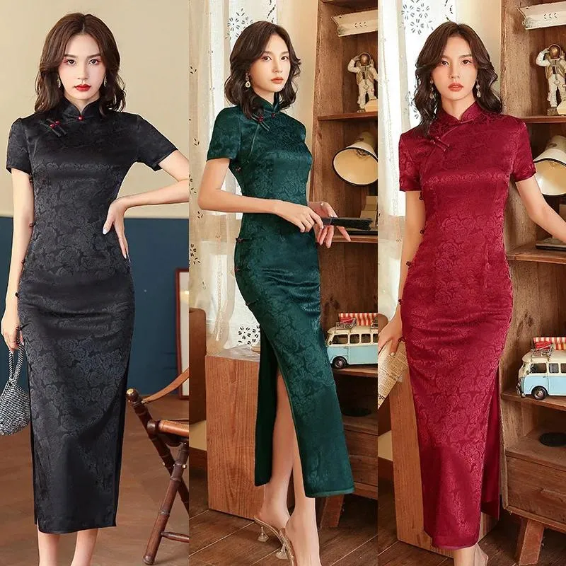 Ethnic Clothing Summer Jacquard Qipao Sexy Split Cheongsams Women Satin Dress Improved Chinese Style Gwon Elegant Vestidos Bigsize 4Xl