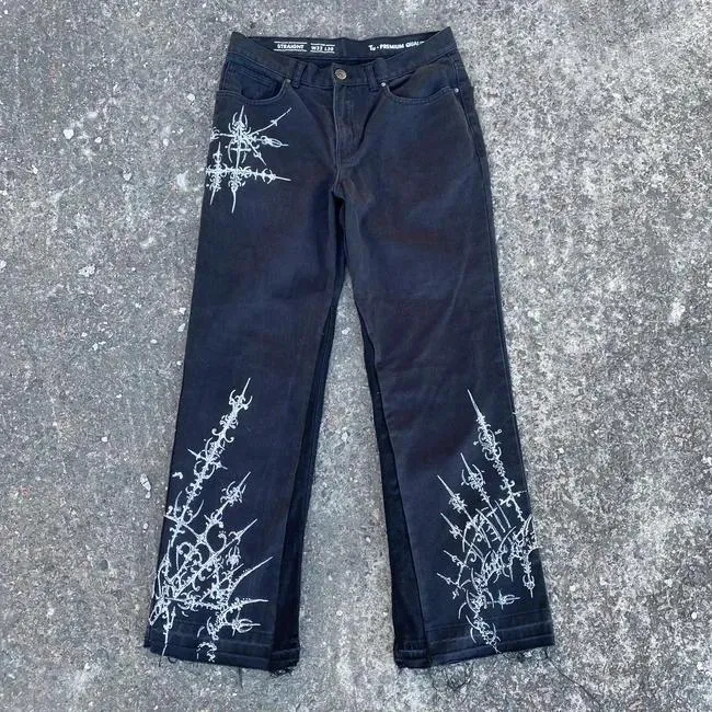 Herr jeans gotiska punk grafiska tryck höga midja baggy män kvinnor y2k streetwear svart rak casual denim byxor harajuku