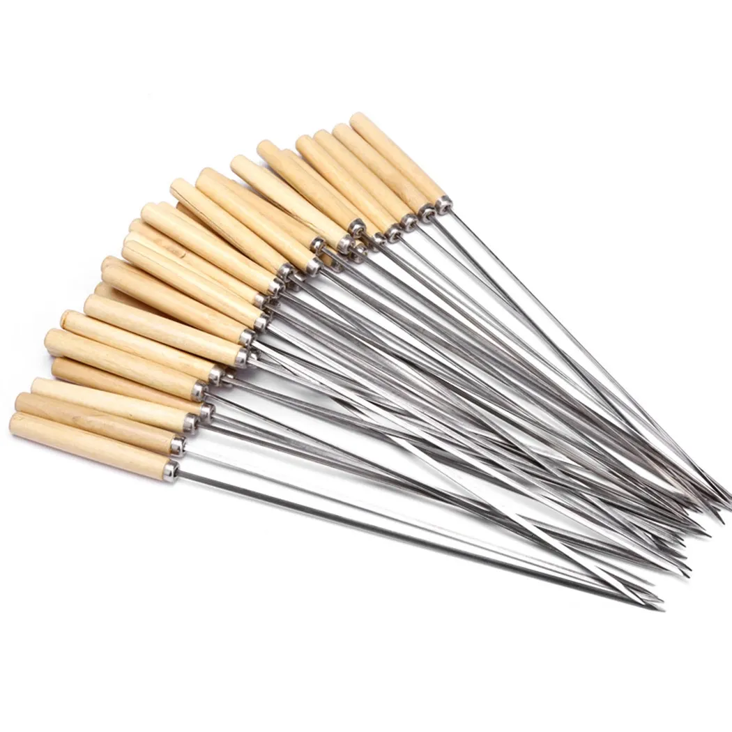 20PcsSet Barbecue Skewer Wooden Handle Stainless Steel Kabob BBQ Stick Outdoor Camping Kitchen Tools Accessories 240116
