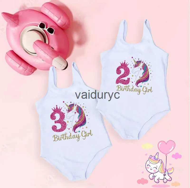 One-Pieces 2-7 Year Birthday Girls Swimsuit One Piece Girls Unicron Print Swimwear ldren Pool Party Kids Clothes Beach Wear Bathing Suit H240508