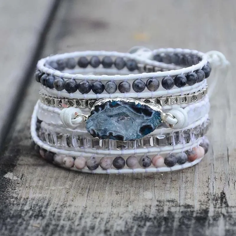 Bracelets 4Unik Natural Stones Druzy Wrap Bracelet Female Handmade Boho Bracelet For Women Girls White Leather Bracelet Dropshipping