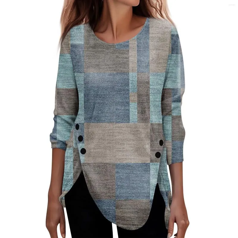 여자 T 셔츠 패션 스웨트 셔츠 기하학적 인쇄 긴 슬리브 기본 원형 목에 맞는 그림 가을 겨울
