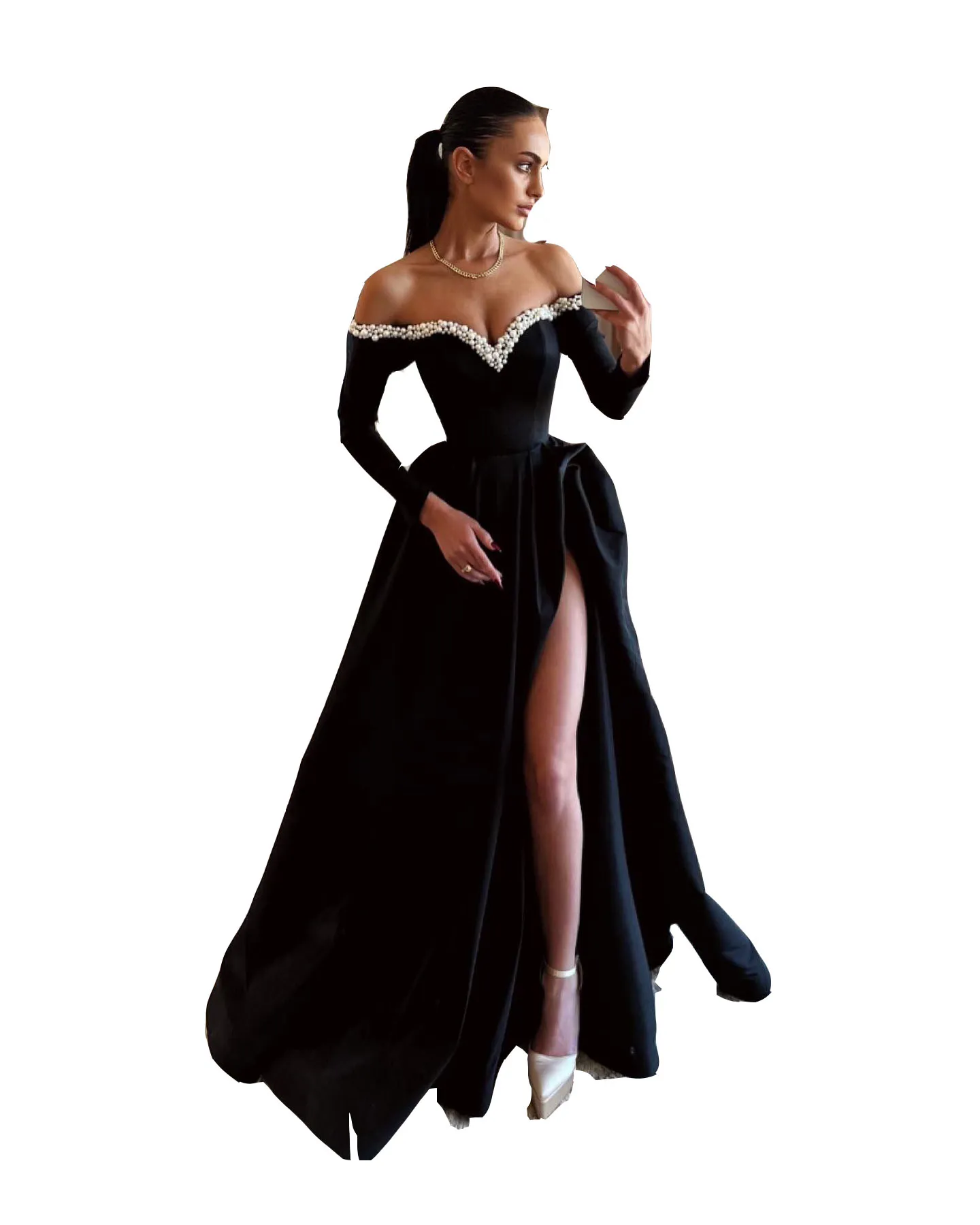 black off the shoulder long sleeve prom dress black off the shoulder formal dress A-Line Off Shoulder Velvet Black Long Prom Dress, Black Long Evening Dress Custom Size / Black