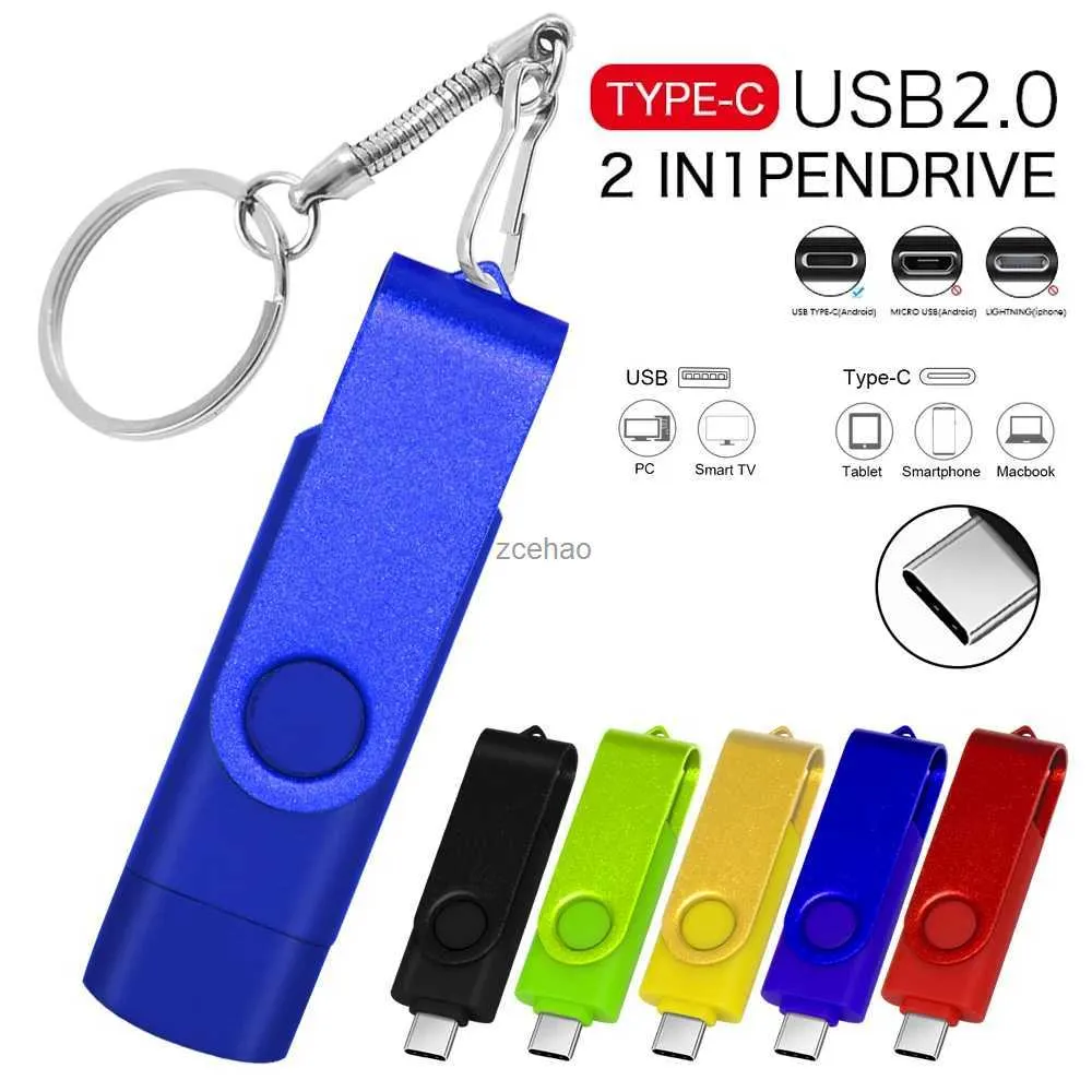 USB Flash Cep Telefonu için 2 Arada 1 Tip C Sürücüler USB Flash Drive 32GB 64GB 128GB döndürülebilir siyah hafıza çubuğu yeşil pendrive mavi u disk