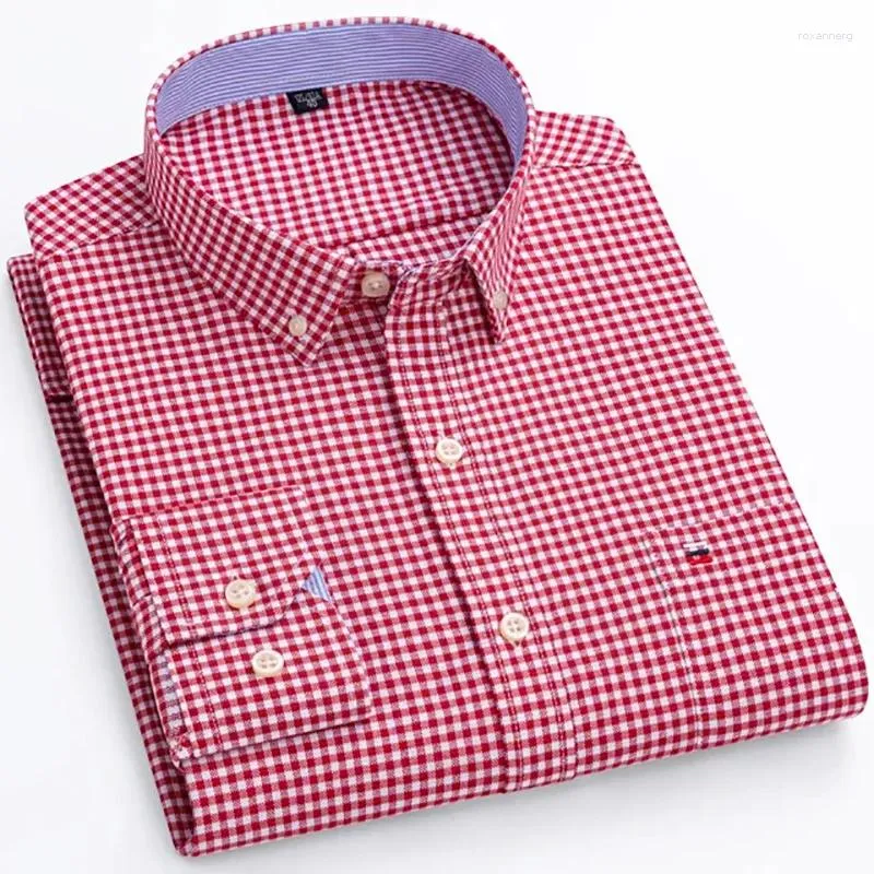 Chemises habillées pour hommes à manches longues chemise Oxford en coton à carreaux poche poitrine col boutonné décontracté