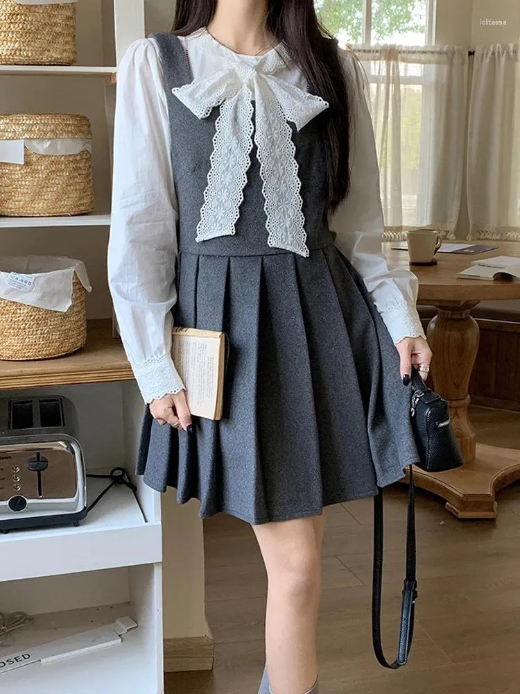 Casual klänningar franska vinter preppy stil mori flicka kawaii elegant kvinnor ullduk väst klänning ärmlösa veckade studenter mini