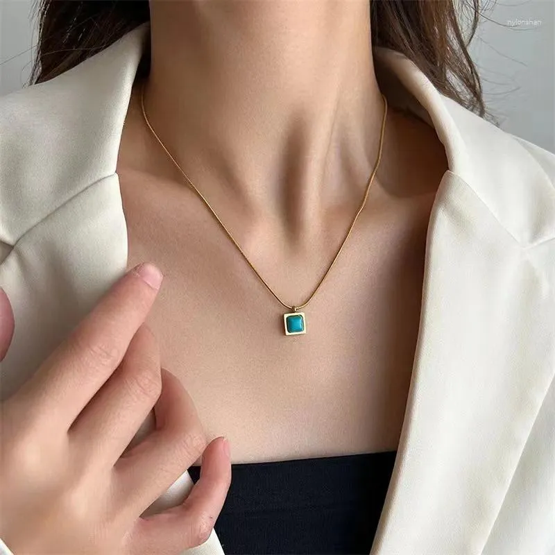 Pendentif Colliers SITA 316L Collier carré en acier inoxydable turquoise pour femme fille tendance bijoux sans décoloration cadeau de fête