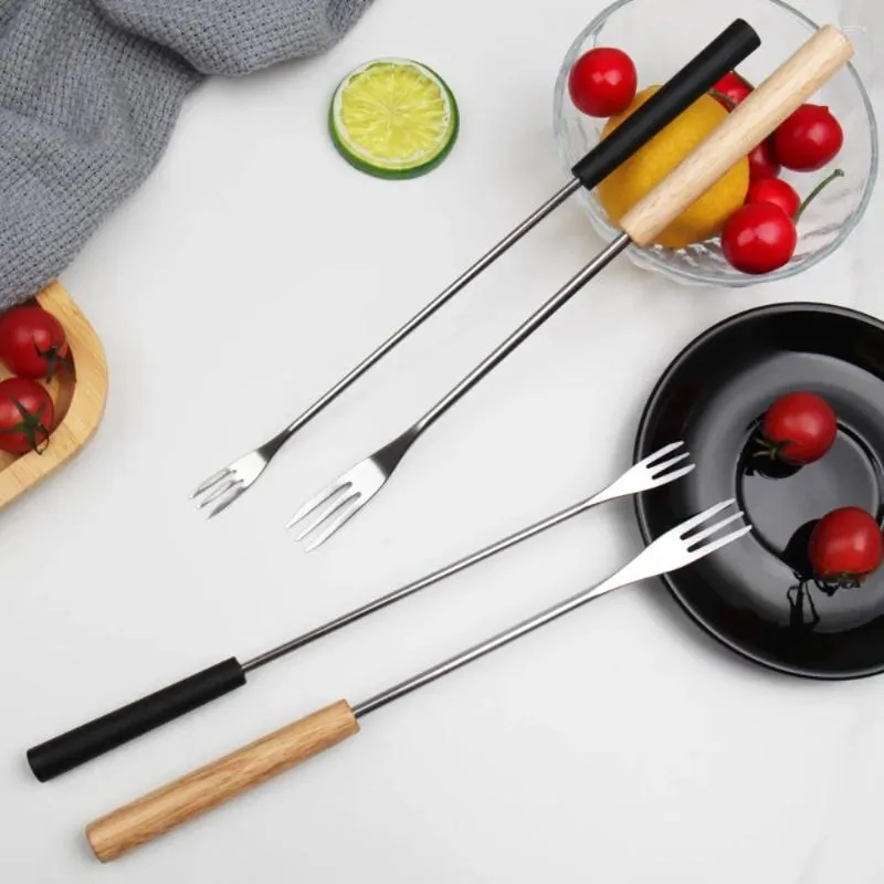 Forks 6pcs/set Plastic/Wooden Handle Stainless Steel Fruit Fork Not Easily Deformed Three-pronged Dessert Cake Long