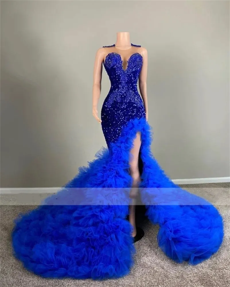 Royal Blue Long Prom Dresses 2024 For Black Girls Beaded Tulle Birthday Party Dress Sheer Neck Evening Gowns High Slit