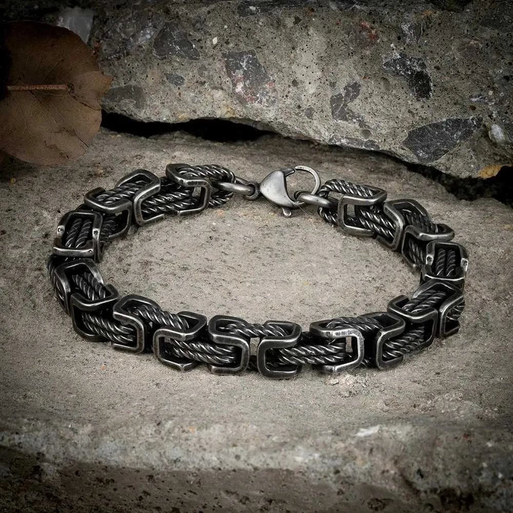 Charm Bracelets MKENDN Punk Men 316L Stainless Steel Creative Retro Oxidized Black Geometric Byzantine Link Chain Bracelets Motorcycle Jewelry