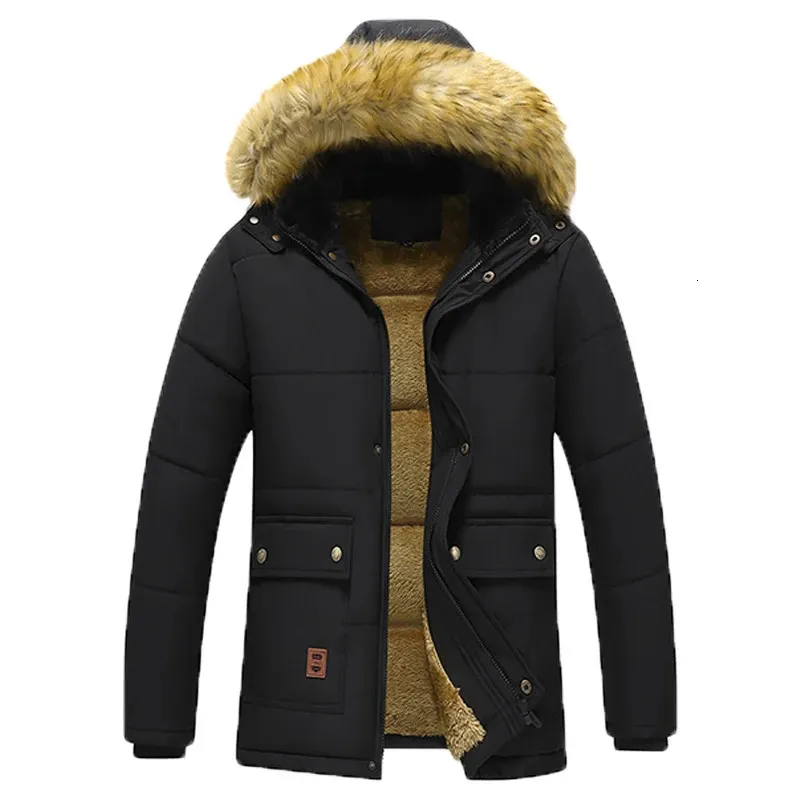 カジュアルな男性冬のパーカーフリースは厚い温かいフード付きファーカラーコート男性サイズ5xlぬいぐるみジャケットを塗りつぶしてブラック240116
