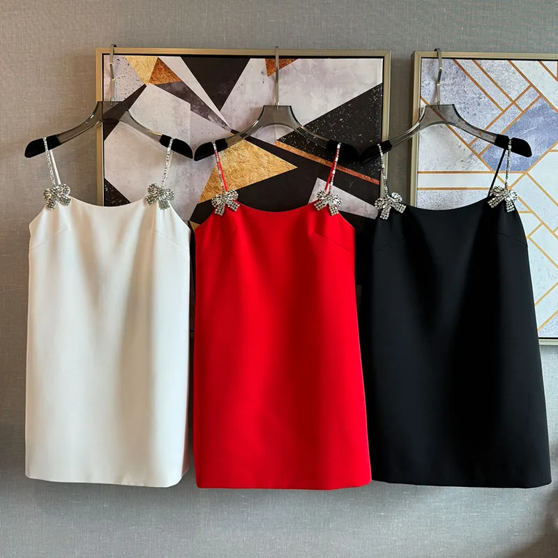 Black, red, and white camisole dresses with handmade diamond bows, sexy dresses, designer dresses