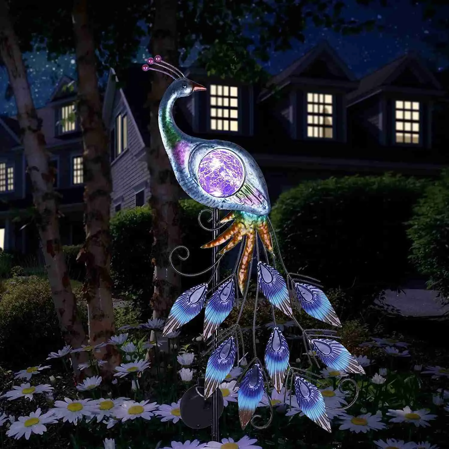 Trädgårdsdekorationer Solar Peacock Garden Light Metal Garden With Cracks Glass Ball Outdoor Light Decoration Pile Lawn Waterproof YQ240116