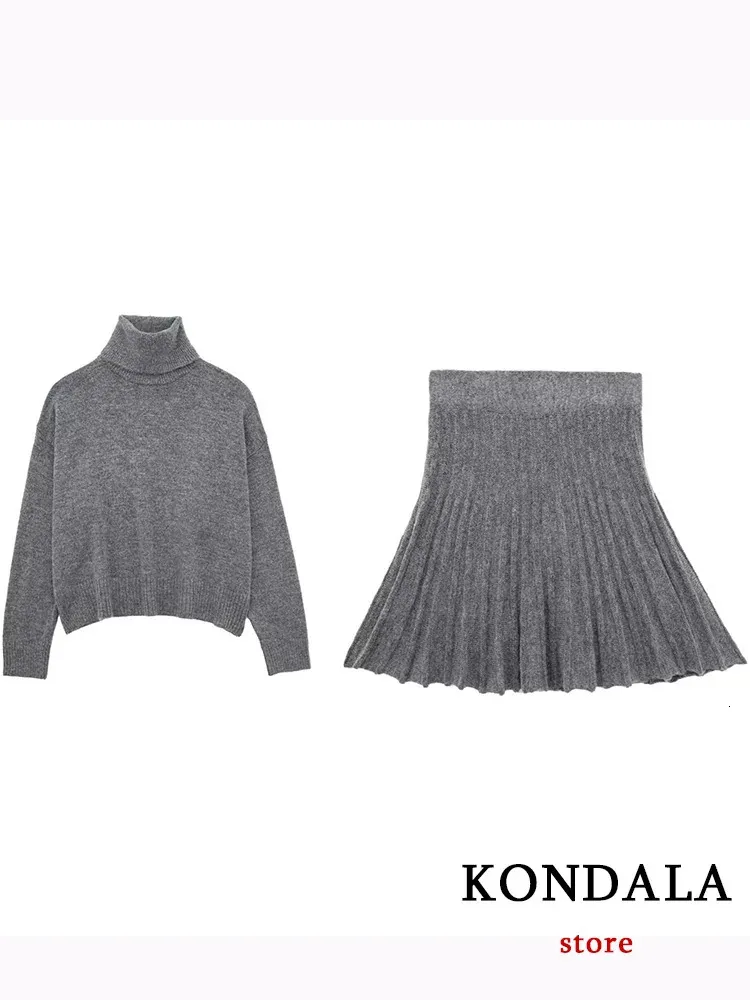 Kondala casual chique cinza malha terno feminino manga longa gola alta blusas em linha reta mini saia moda 2023 outono inverno conjuntos 240115