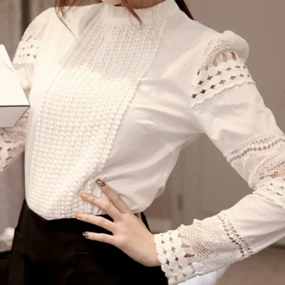 Lace Chiffon Blouse Women Shirt clothes Casual ladies long sleeve Womens Tops and Blouses S5XL Hook Flower Hollow 240116