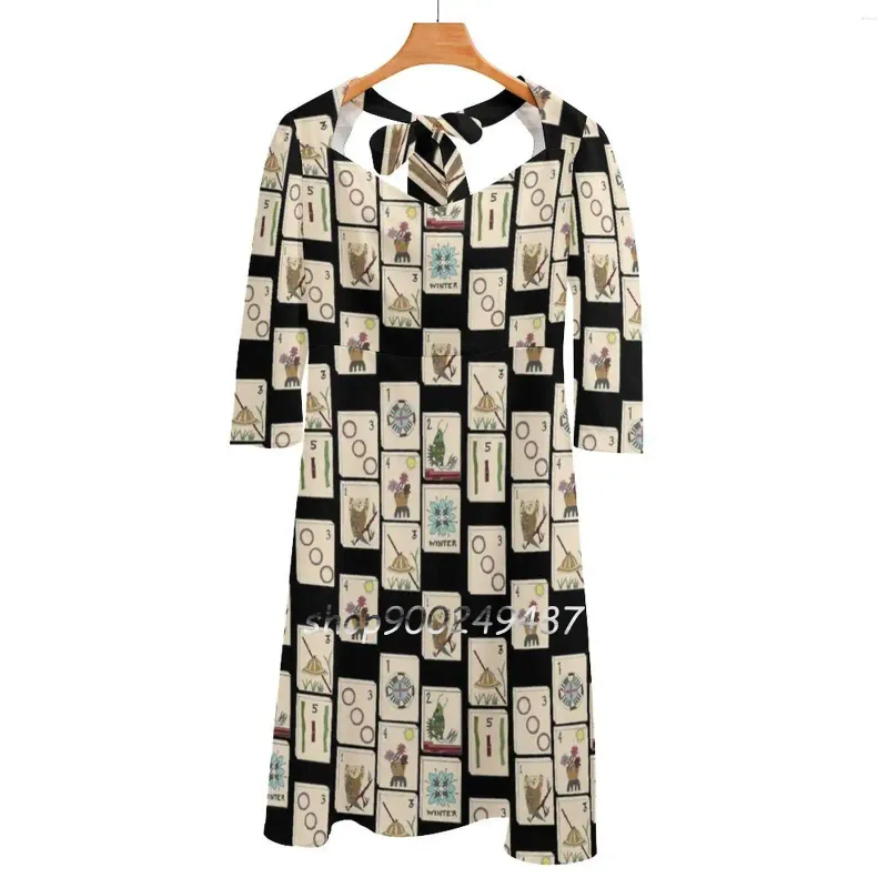 الفساتين غير الرسمية Mahjong Mahong Black Tile Pattern Sweetheart Knot Flared Dress Design Design Size Sould Sould Games