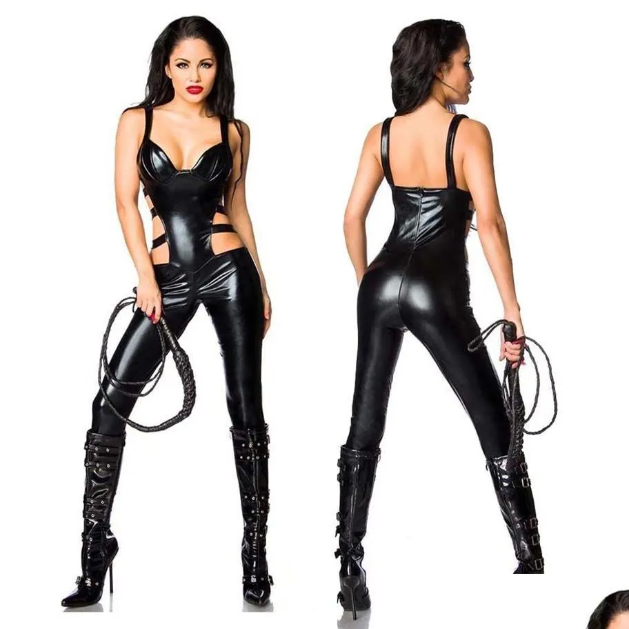 Catsuit kostümleri y sahte deri kadın bel tarafı kesilmiş tulum kasıksız bodysuit ıslaklık cadılar bayramı cosplay costume311d damla şarküteri otvxq