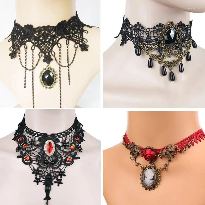 Girocollo Girocolli gotici Fiori di perline neri Collana con collo in pizzo sexy Catena con nappe vintage Gioielli Steampunk di Halloween da donna