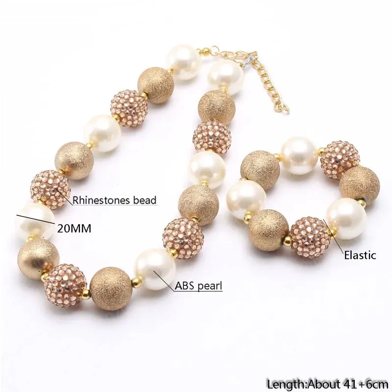 Baby Girls Gold Beads Necklace Bracelet Fashion Design Child Kids Chunky Bubblegum Necklace Toddler Chunky Jewelry Set