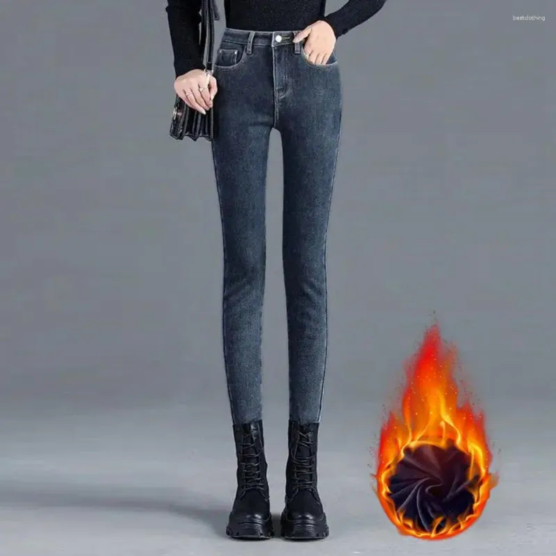 Calças femininas mulheres lápis inverno acolchoado botão fechamento denim calças boa elasticidade jeans de cintura alta para