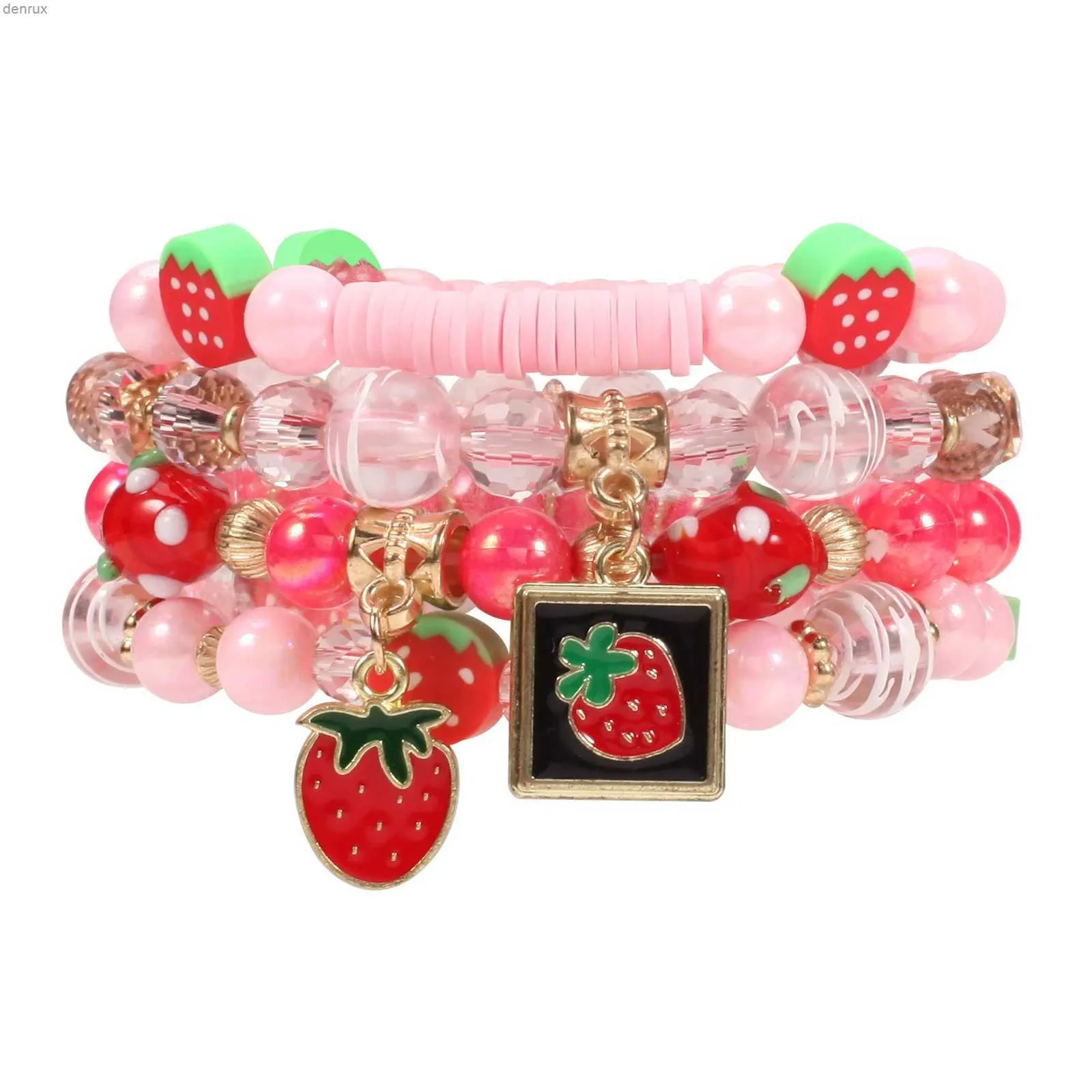 Charm Bracelets Strawberry Pendant Pink Beads Multilayer Stretch Bracelet Cute Fruit Design Hand Decoration Gift For Women